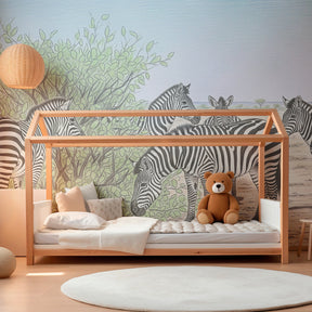 Zebra themed mural wallpaper transforming children's playroom into safari adventure space