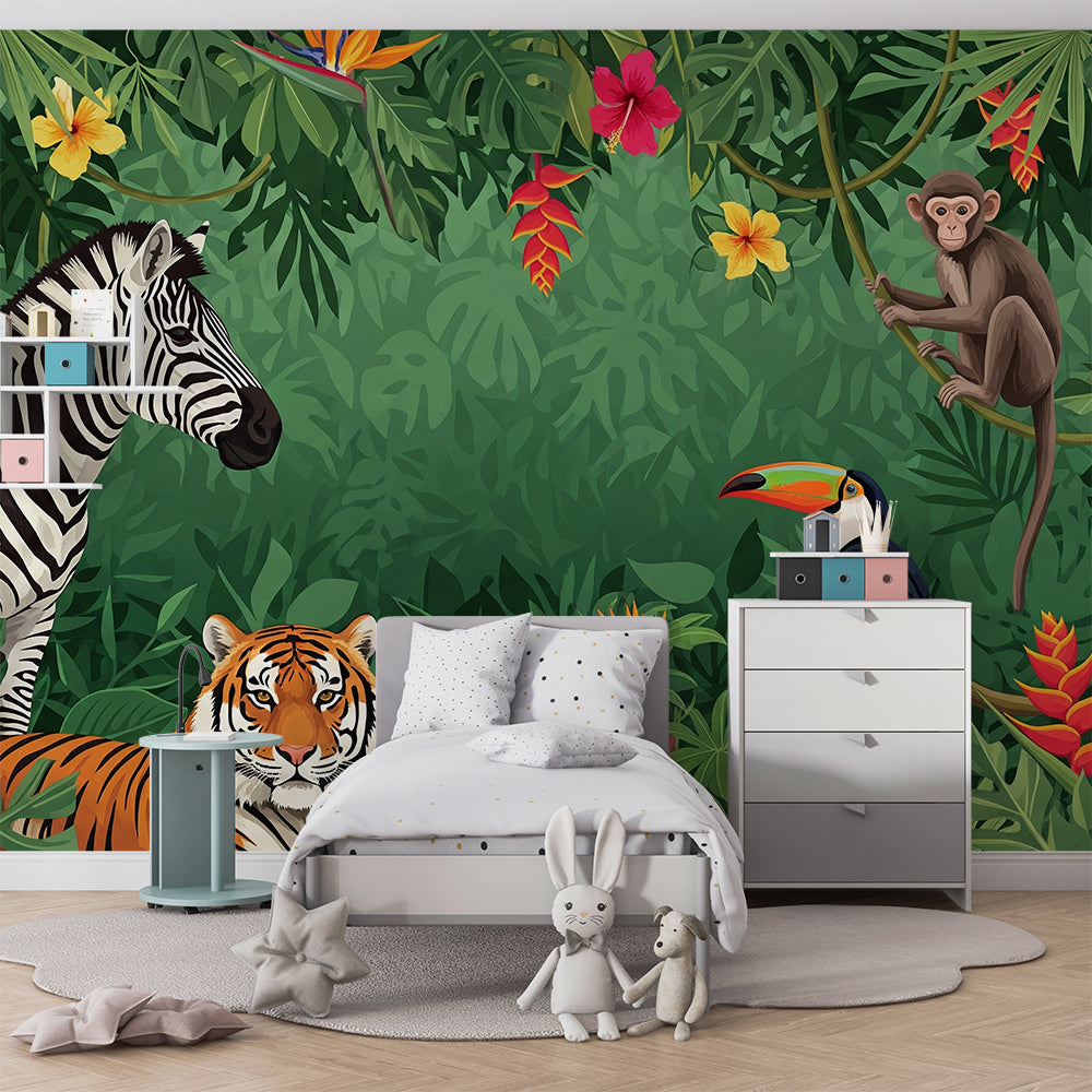 Kids-Mundo jungle animal wall mural covering a feature wall in a bold kids bedroom.