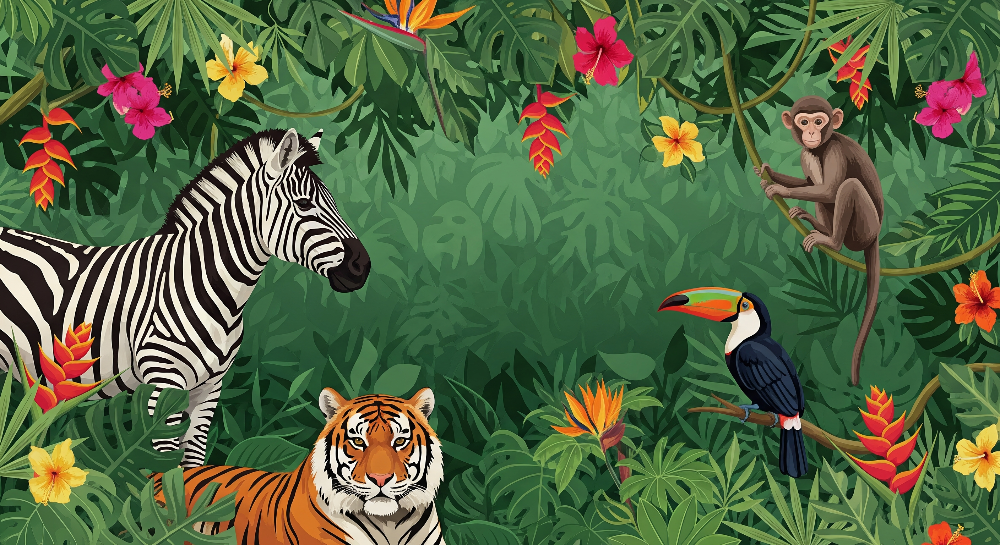 Zebra, Tiger and Toucan Jungle Wall Mural