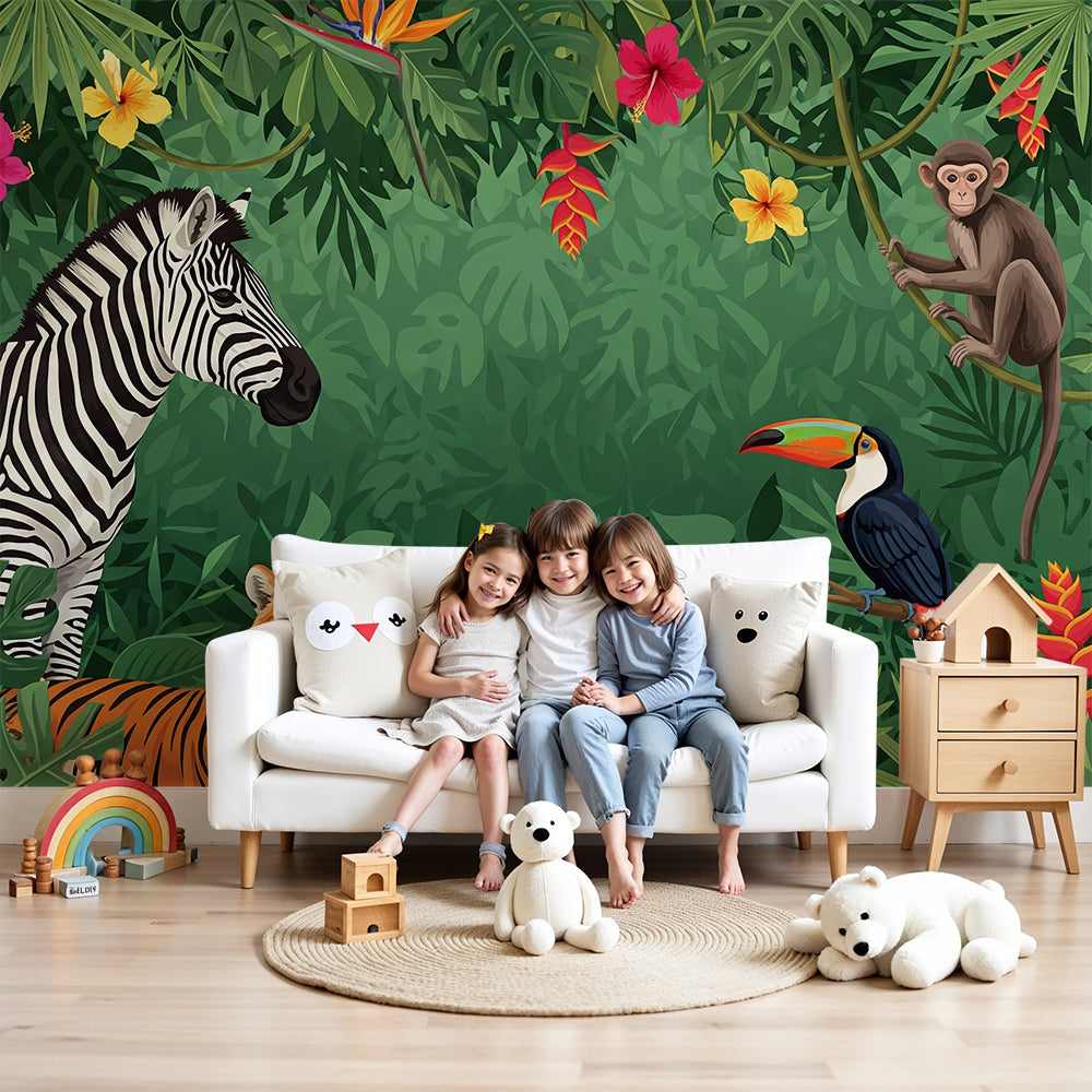 Kids-Mundo zebra, tiger and toucan jungle wall mural styled above a cot in a nursery.