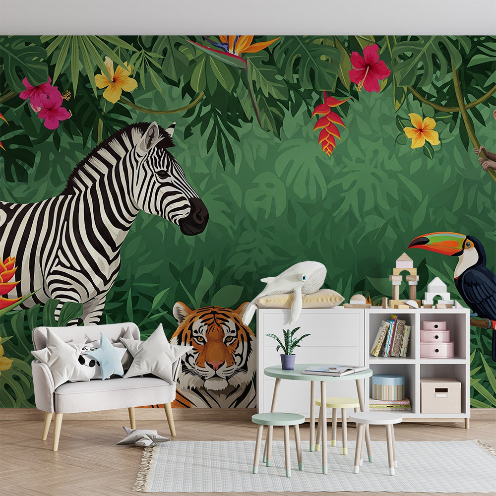 Kids-Mundo zebra and tiger jungle wall mural brightening a colourful children's playroom.