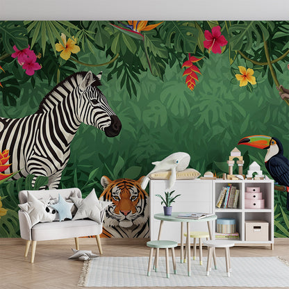 Kids-Mundo zebra and tiger jungle wall mural brightening a colourful children's playroom.