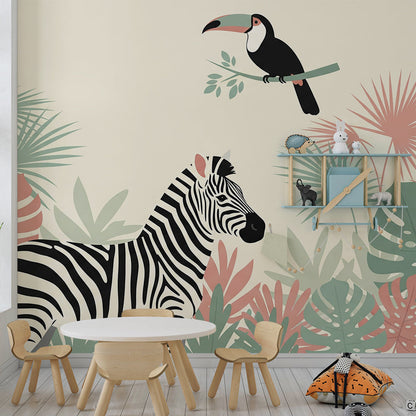 Kids-Mundo zebra and toucan wall mural in a kids bedroom with bed linen and tropical accents.