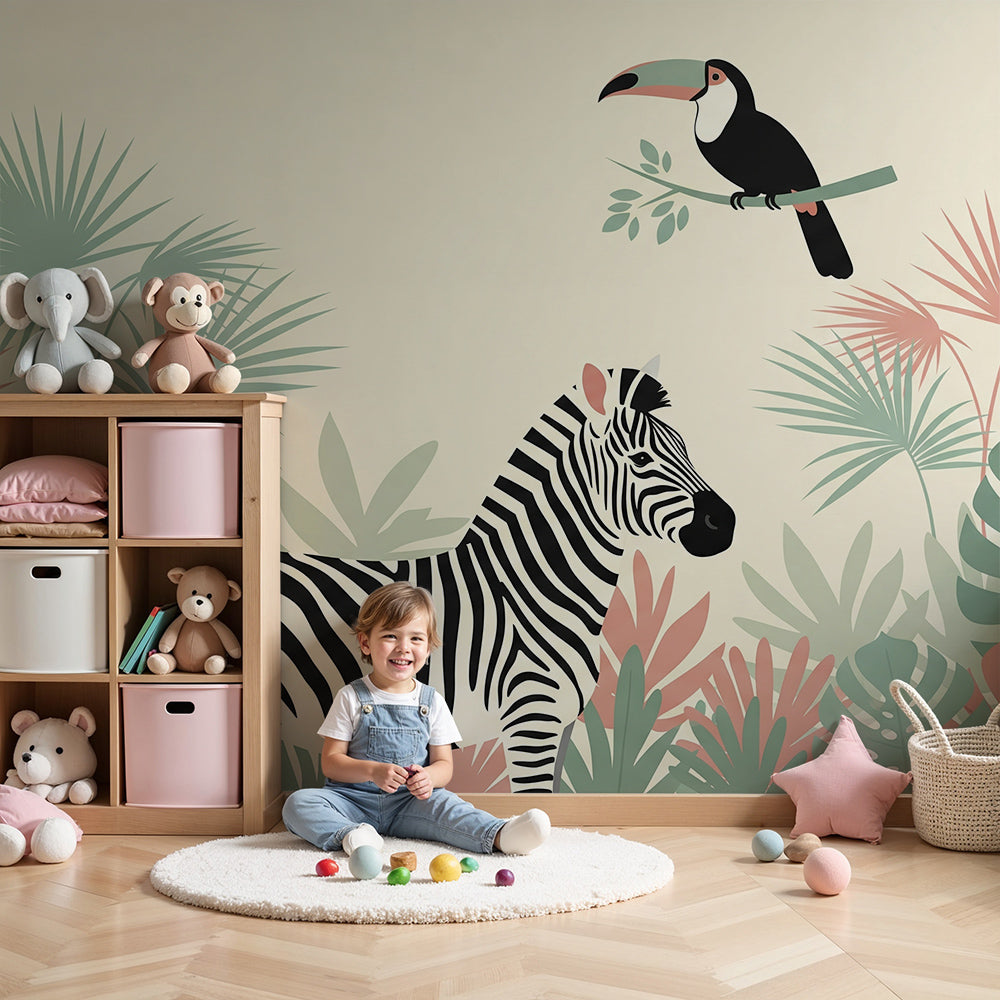 Kids-Mundo zebra and toucan wall mural styled in a nursery with cot and blush pink furnishings.
