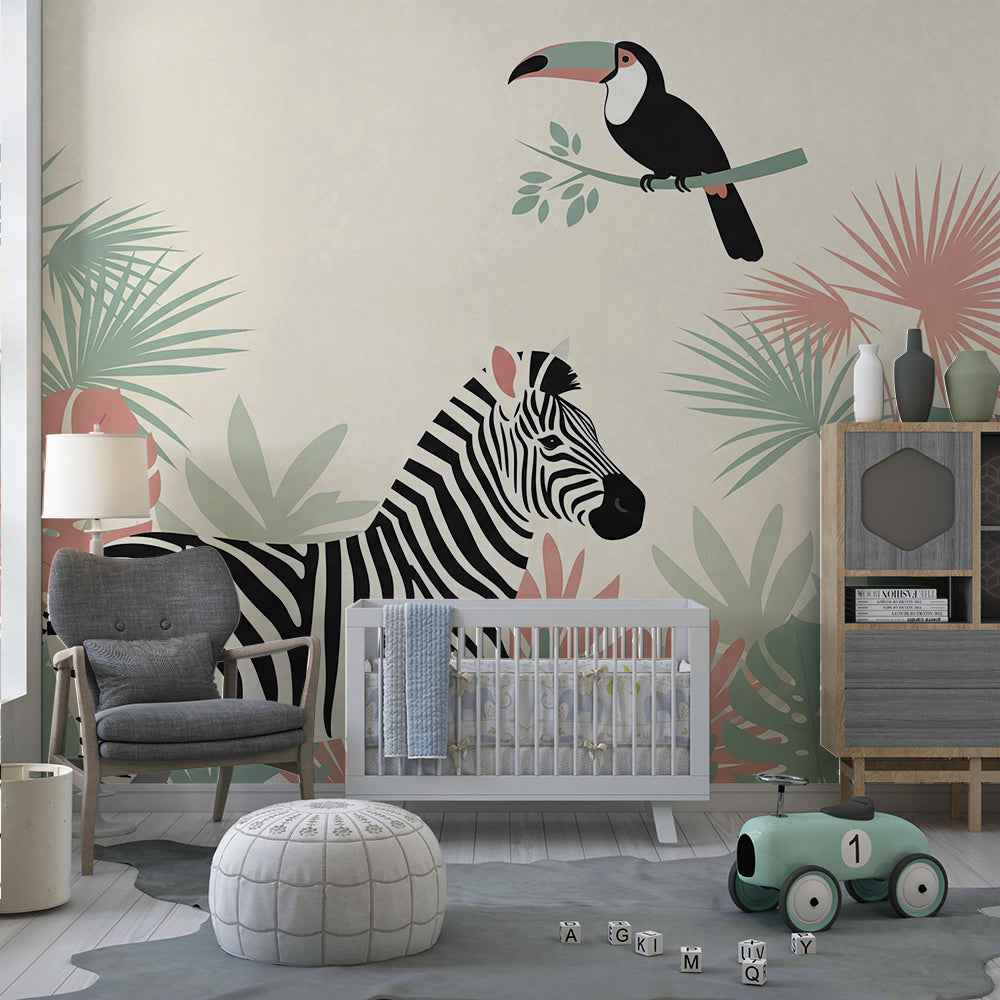 Kids-Mundo zebra and toucan wall mural brightening a playroom with rug and floor cushions.