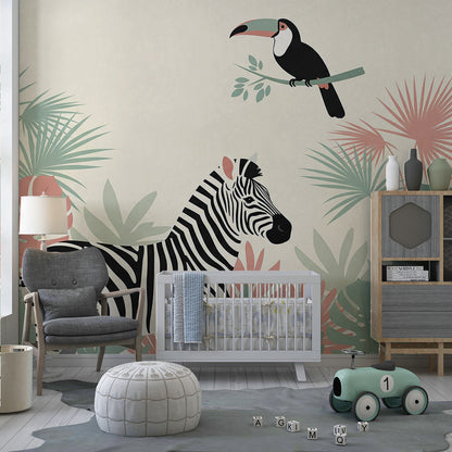 Kids-Mundo zebra and toucan wall mural brightening a playroom with rug and floor cushions.