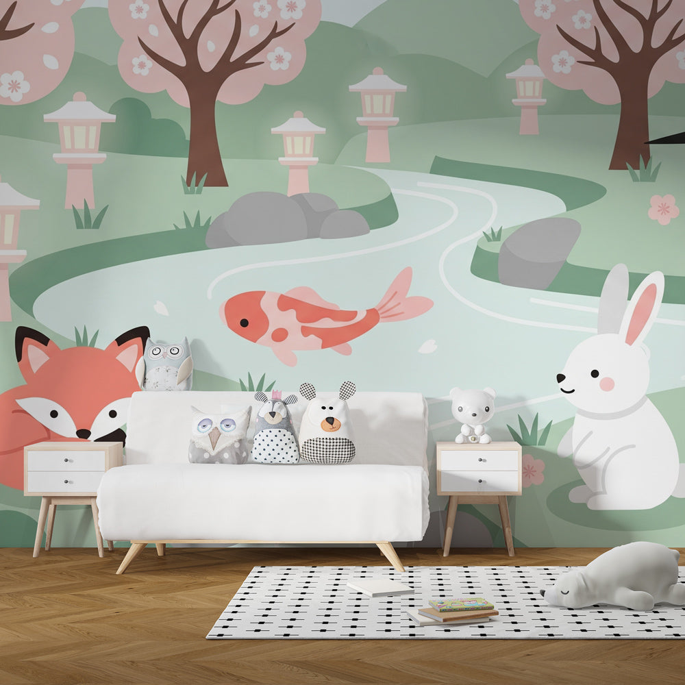 Calming zen garden wallpaper with woodland animals creating serene kids bedroom atmosphere