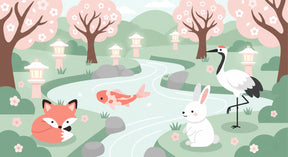 Detailed zen garden mural wallpaper design pattern with animals and blooming trees by Kids-Mundo