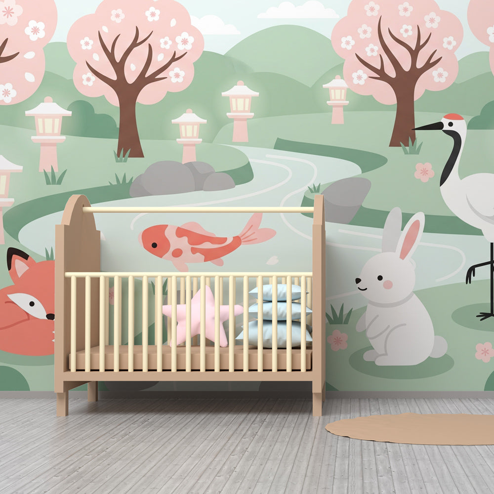 Nature-themed mural wallpaper featuring fox rabbit heron koi in modern children's playroom