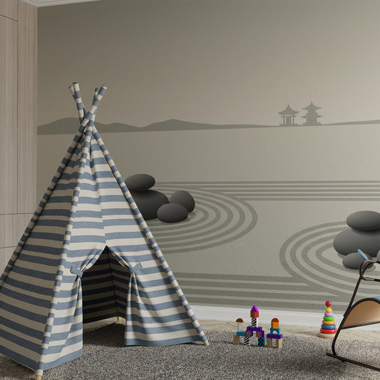 Kids-Mundo zen garden wall mural styled in a calm kids bedroom with neutral bedding and soft light