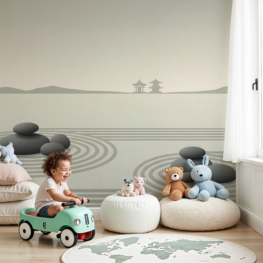 Kids-Mundo zen garden wall mural in a soft grey and beige nursery with cot and soft furnishings