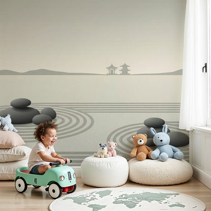 Kids-Mundo zen garden wall mural in a soft grey and beige nursery with cot and soft furnishings