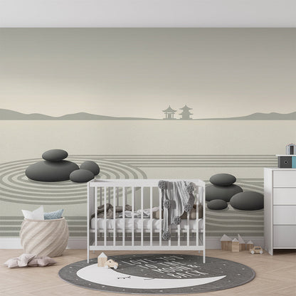 Kids-Mundo zen garden wall mural as a peaceful backdrop in a bright playroom reading nook