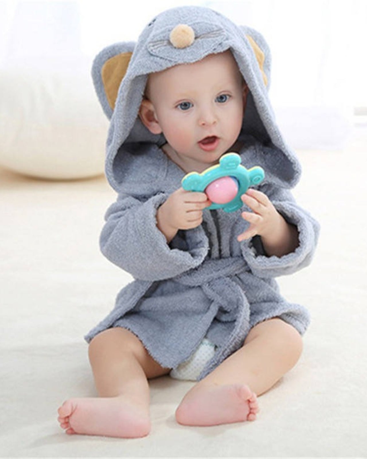 Gray Cotton Baby Bathrobe | Soft Mouse Pattern Design