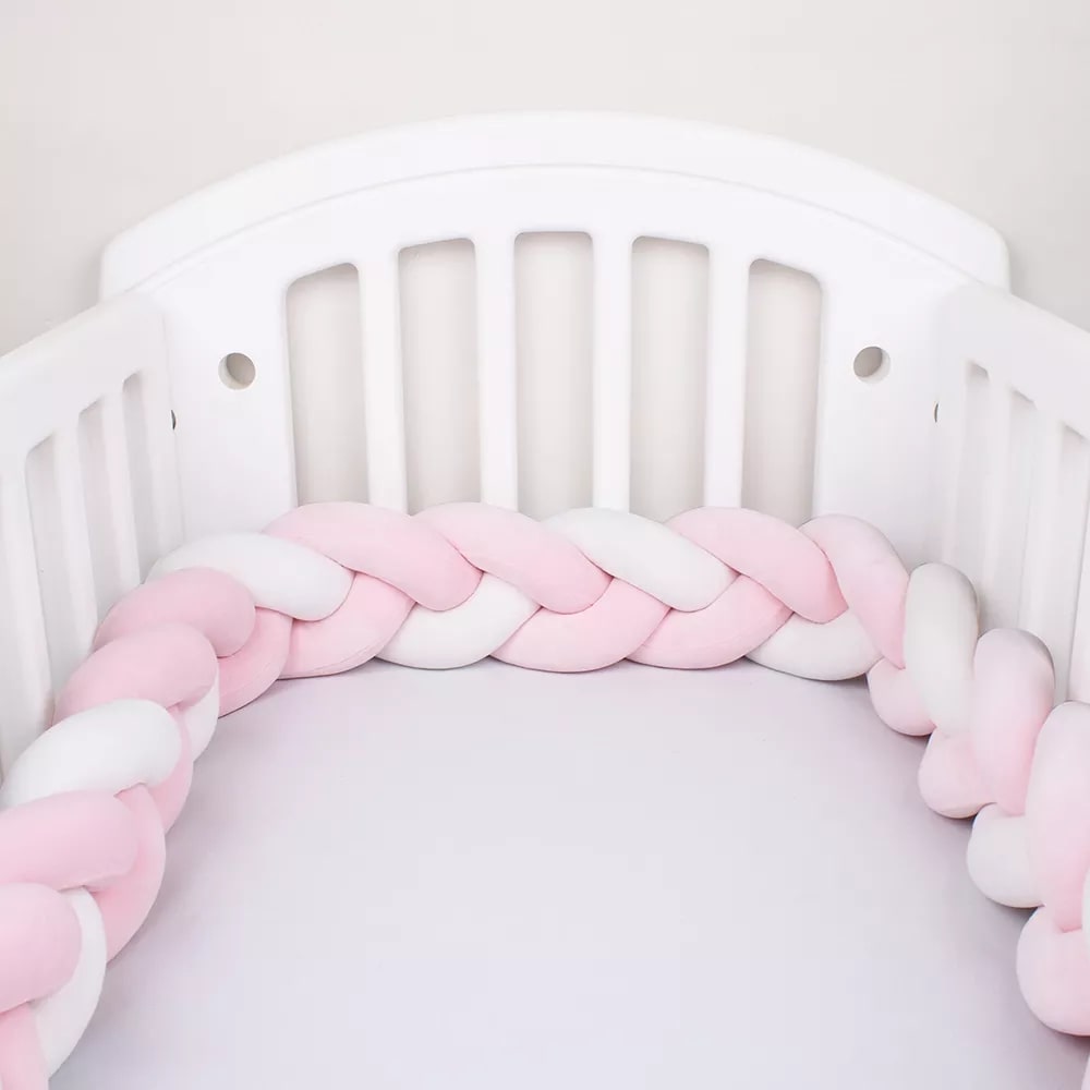 Braided Baby Bed Bumper | Soft Cotton Pink and White Design